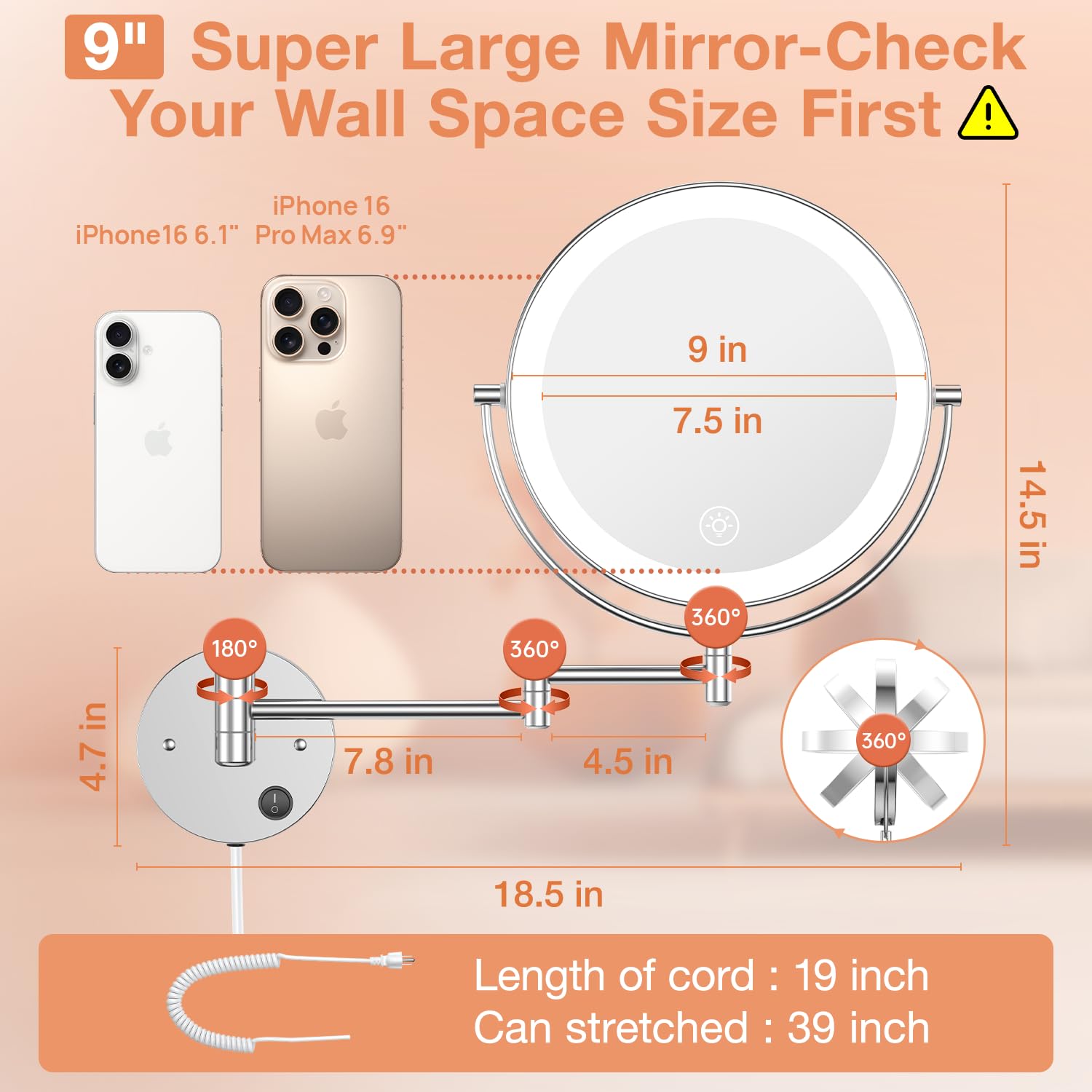Benbilry AC-powered mirror with plug-in design and stable lighting.