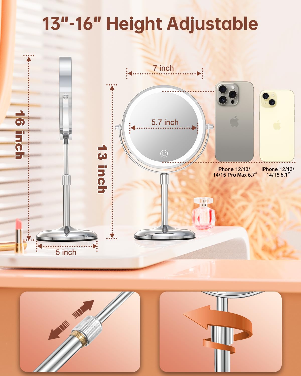 Benbilry height-adjustable mirror demonstrates ergonomic 360° swivel for versatile angles.