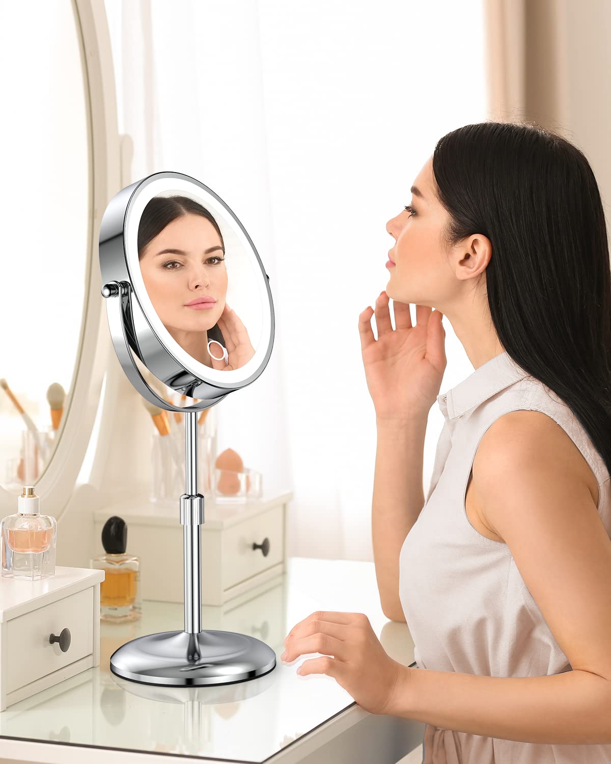 Benbilry LED makeup mirror showing 3 color lighting modes for different occasions.