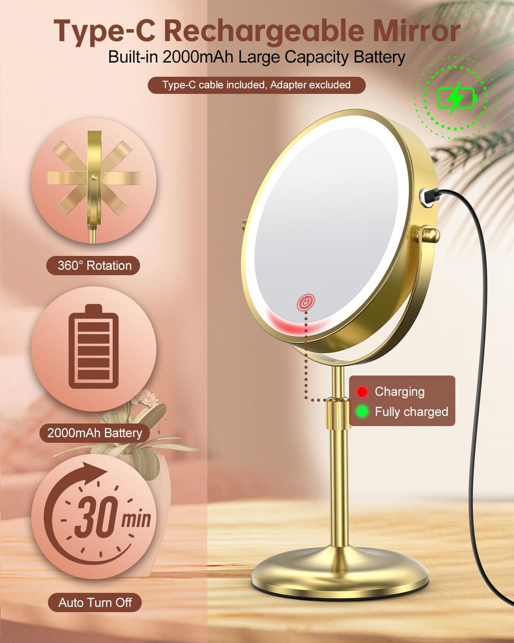 Benbilry lighted makeup mirror 360° swivel for flexible angles