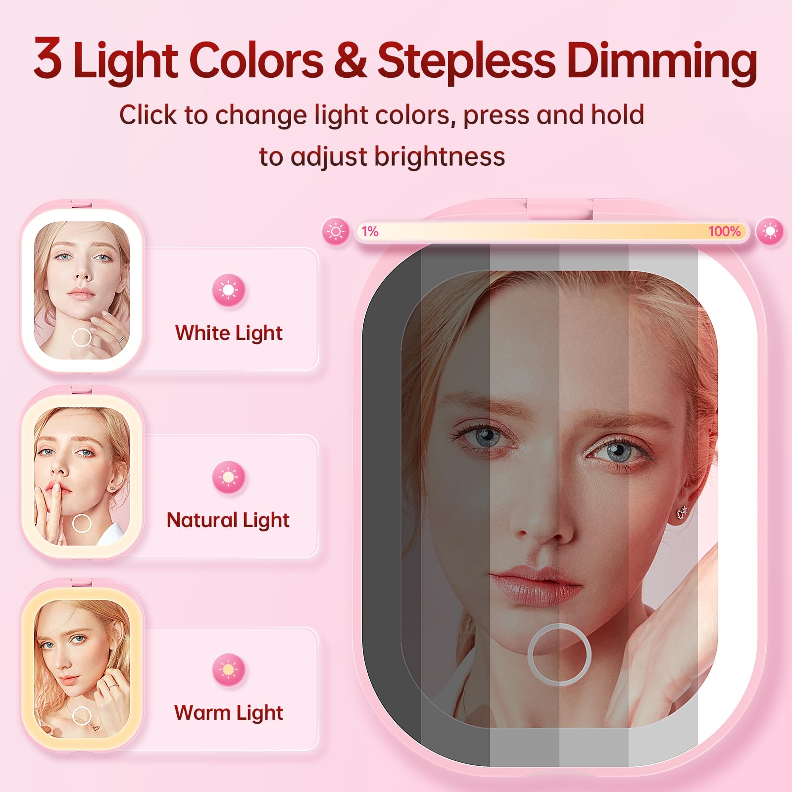 Benbilry pocket mirror with 3-color lights helps visible makeup in any lighting.