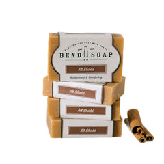 Bend Soap Co Goat Milk Soap bar closeup highlights pure ingredients and creamy lather for sensitive skin.