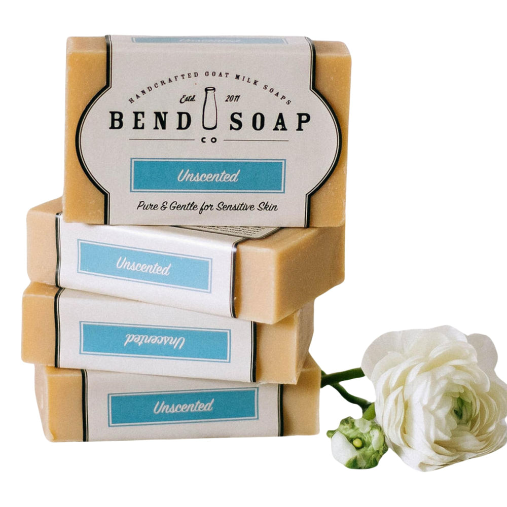 Bend Soap Company unscented goat milk soap bar close-up showing natural ingredients for daily nourishment.