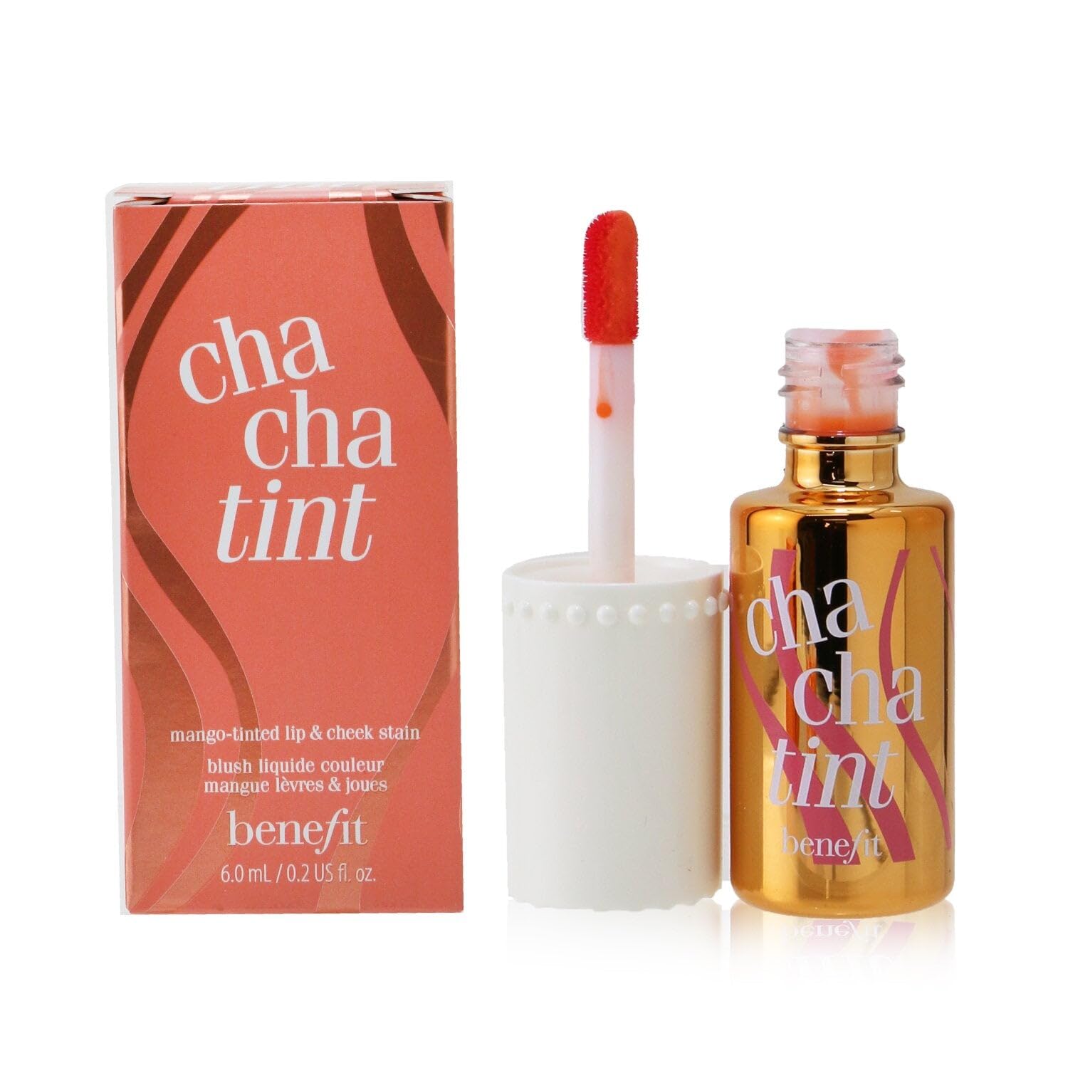 Benefit Cha Cha Tint mango glow on lips and cheeks for a warm, comfortable finish.