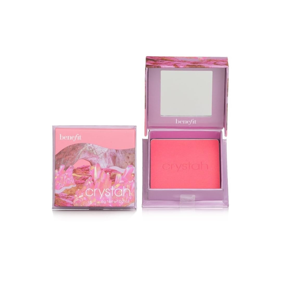 Benefit compact front view showing strawberry pink blush and brand benefit for easy selection