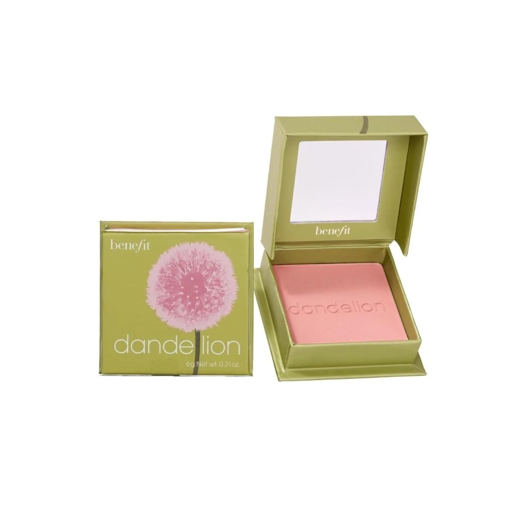 Benefit Dandelion blush compact swatch shows subtle brightening on skin.
