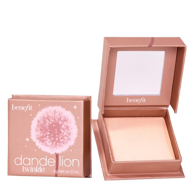 Benefit compact front view showcasing soft nude-pink highlighter and portable size
