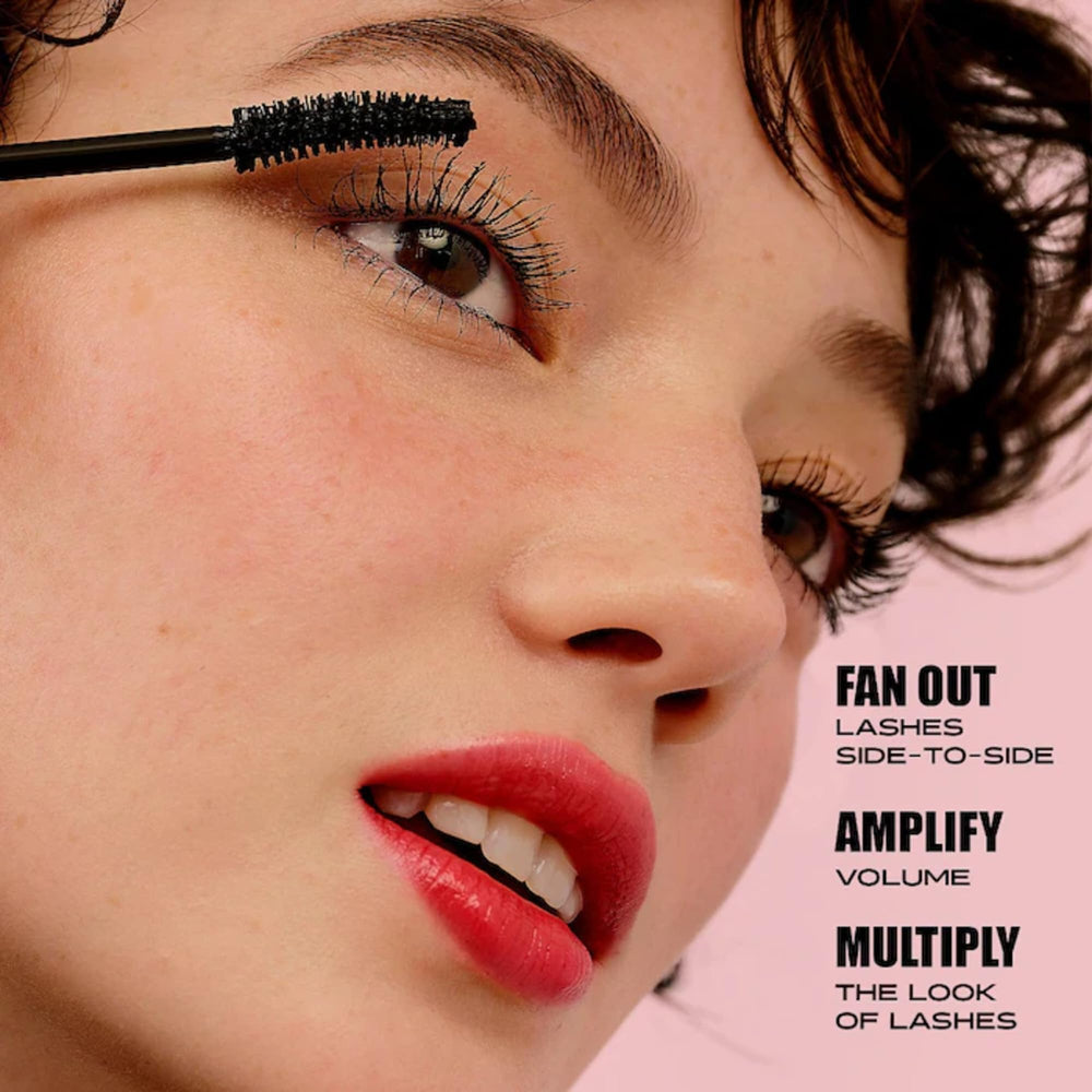 Benefit before-and-after lashes demonstrating wider, fanned-out lash effect