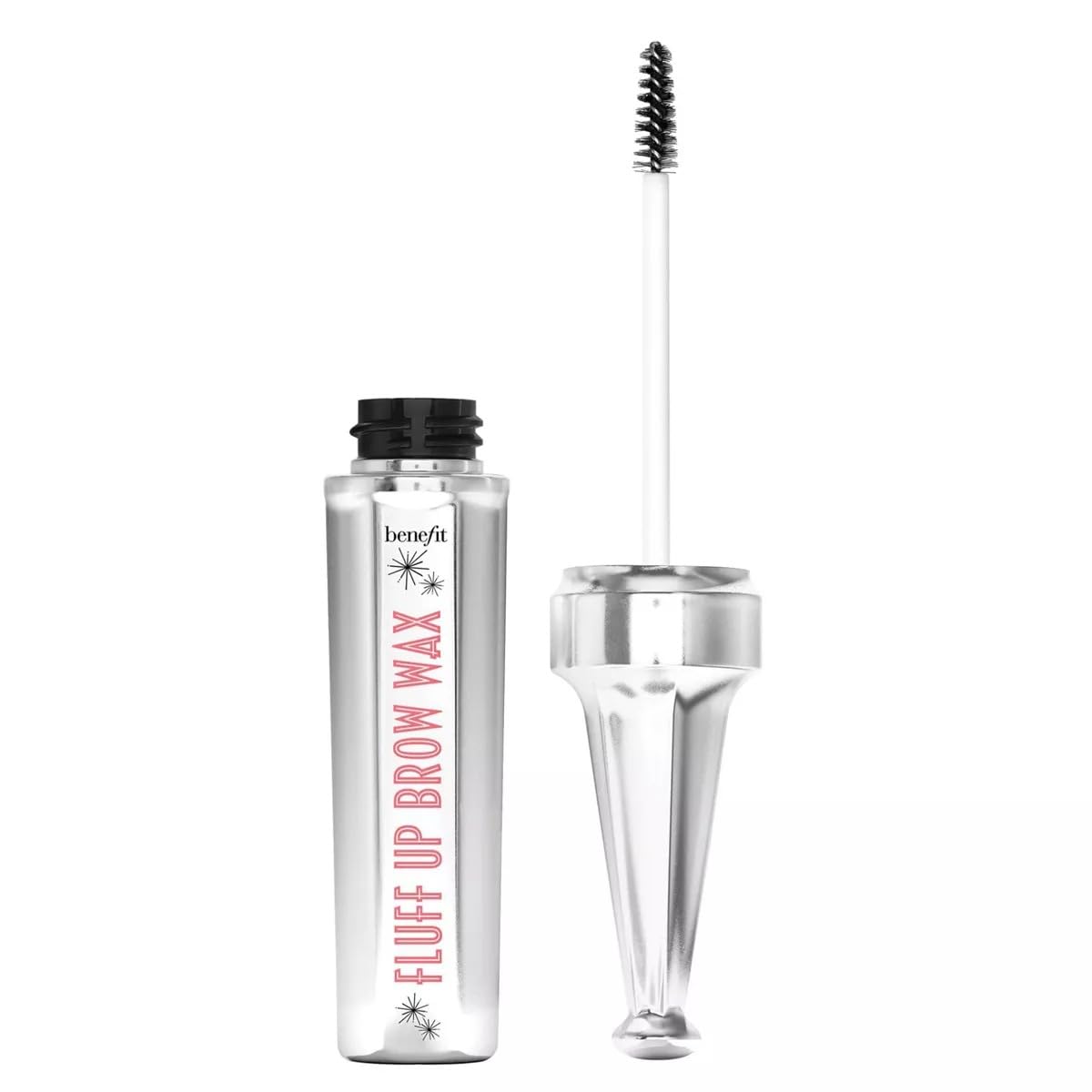 Benefit Fluff Up Brow Wax tube closeup showing translucent formula for natural-looking fullness.