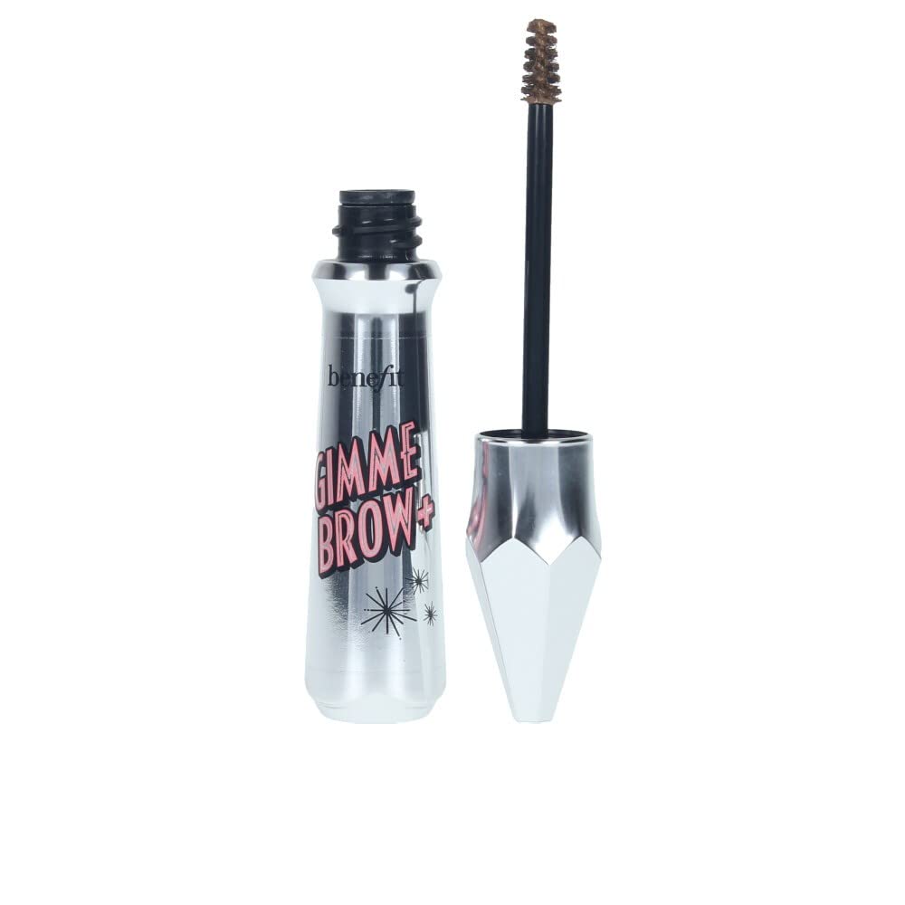 Benefit Gimme Brow front view showing tube, wand, and natural volumizing result