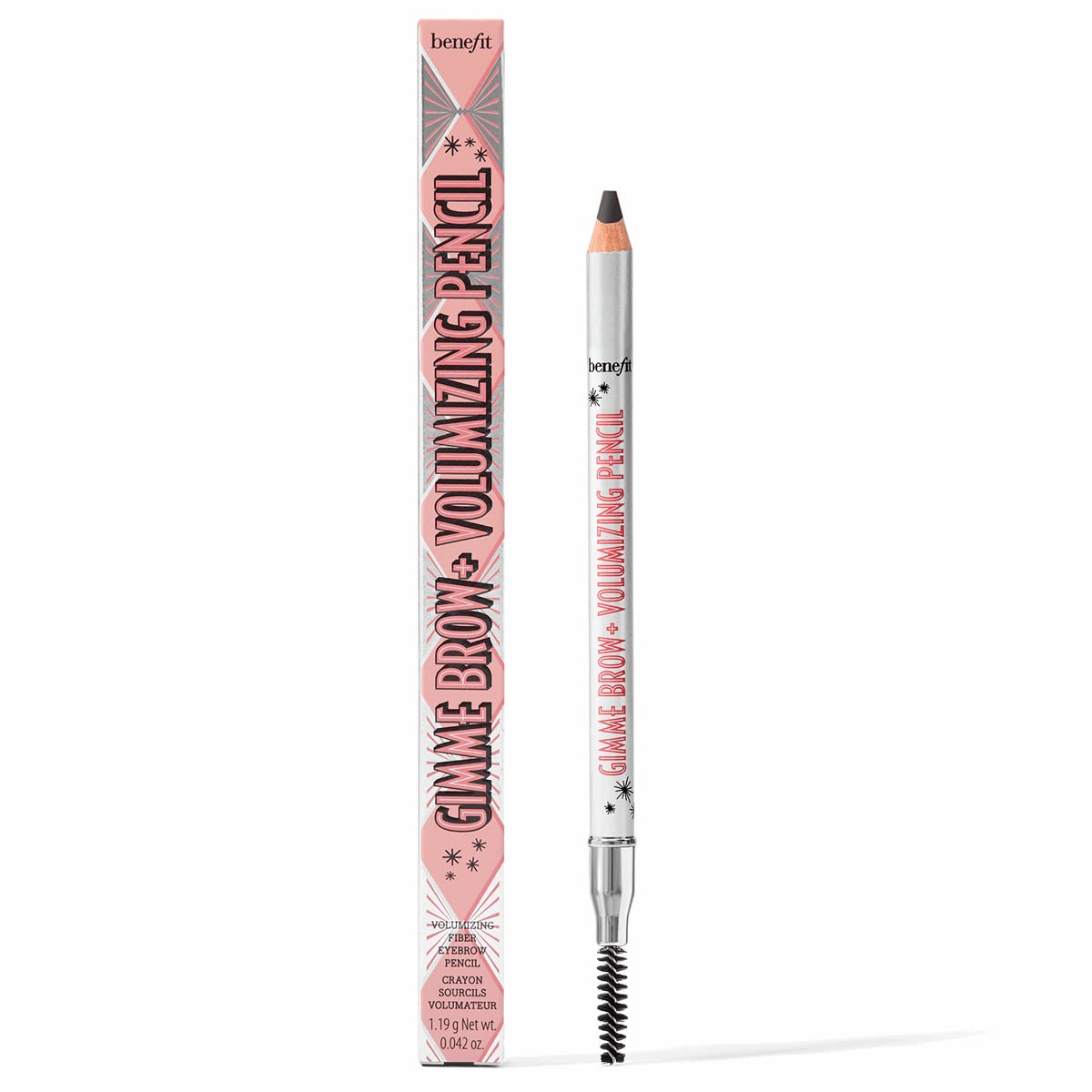 Benefit Gimme Brow+ front view showing packaging and pencil tip for precise shaping