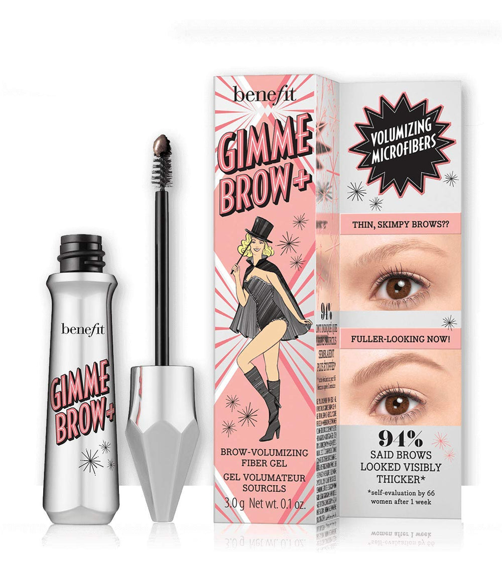 Benefit Gimme Brow+ tube front view showing shade 4.5 and natural fuller brows