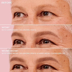 Benefit pencil in use on brows with spoolie blending for soft, fuller-looking results