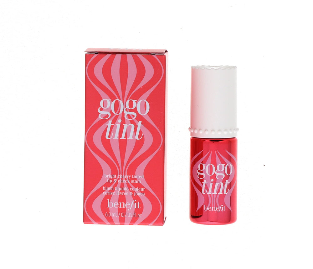 Benefit Gogo Tint bottle close-up in bright cherry shade for long-lasting lips.
