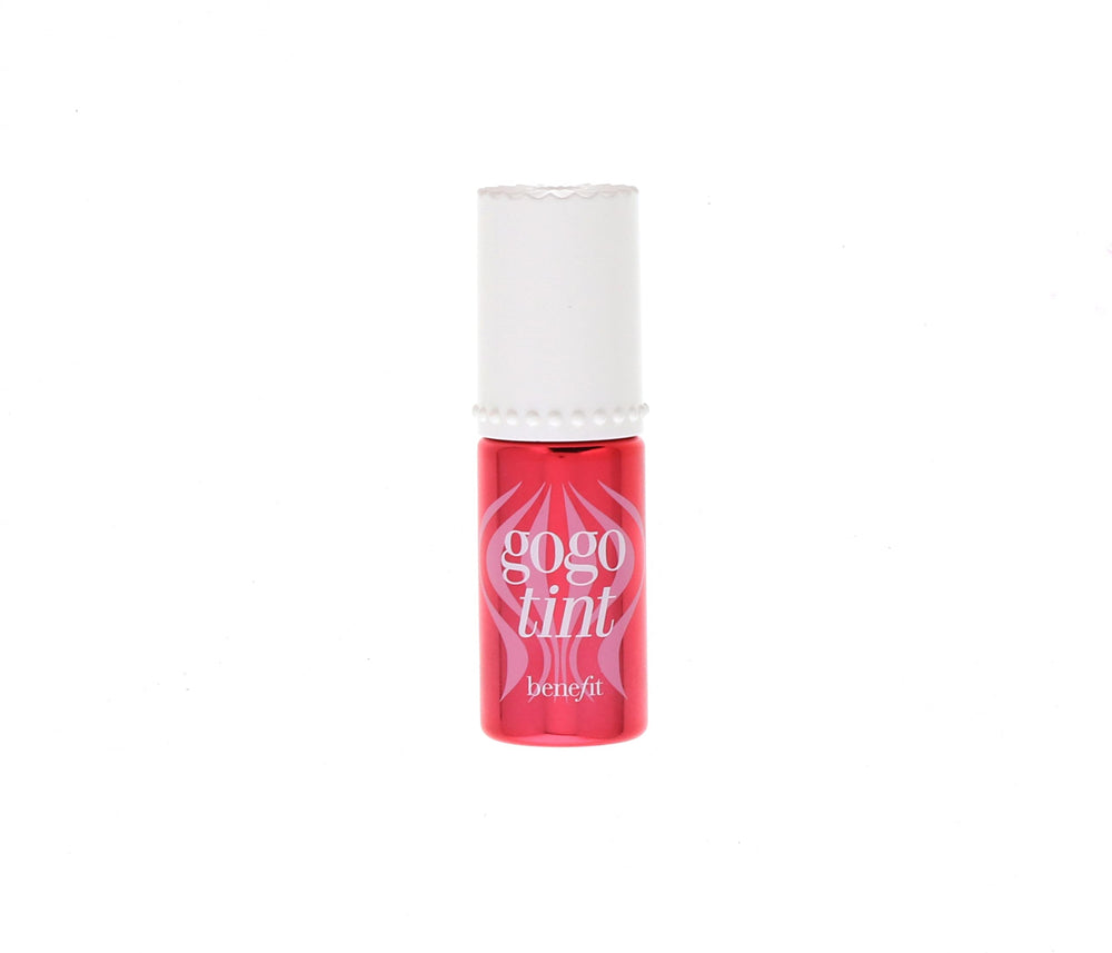 Benefit Gogo Tint compact with wand application showcasing even stain on lips.