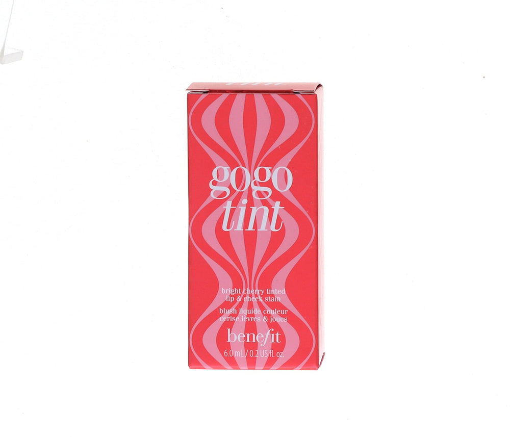 Benefit Gogo Tint lip and cheek swatch showing vibrant berry tint for natural-looking cheeks.