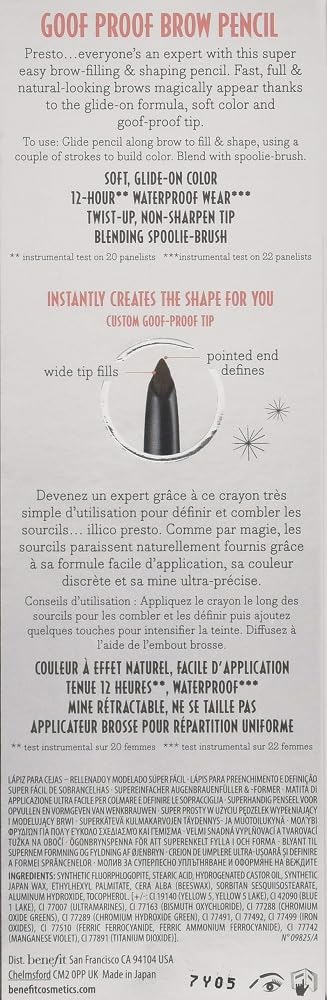 Benefit Goof Proof pencil on a bathroom vanity portraying ready-to-use everyday brow grooming