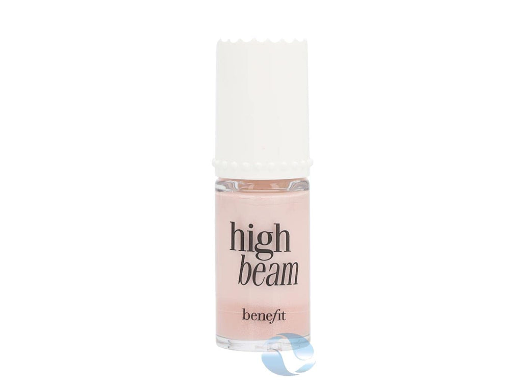 Benefit High Beam doe-foot applicator with fluid rose-gold texture demonstrating blendable glow