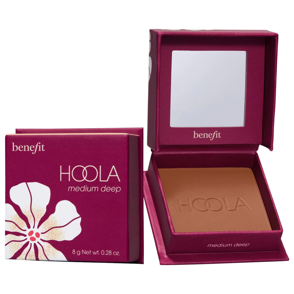 Benefit Hoola compact front view with mirror and matte bronzer, easy travel application