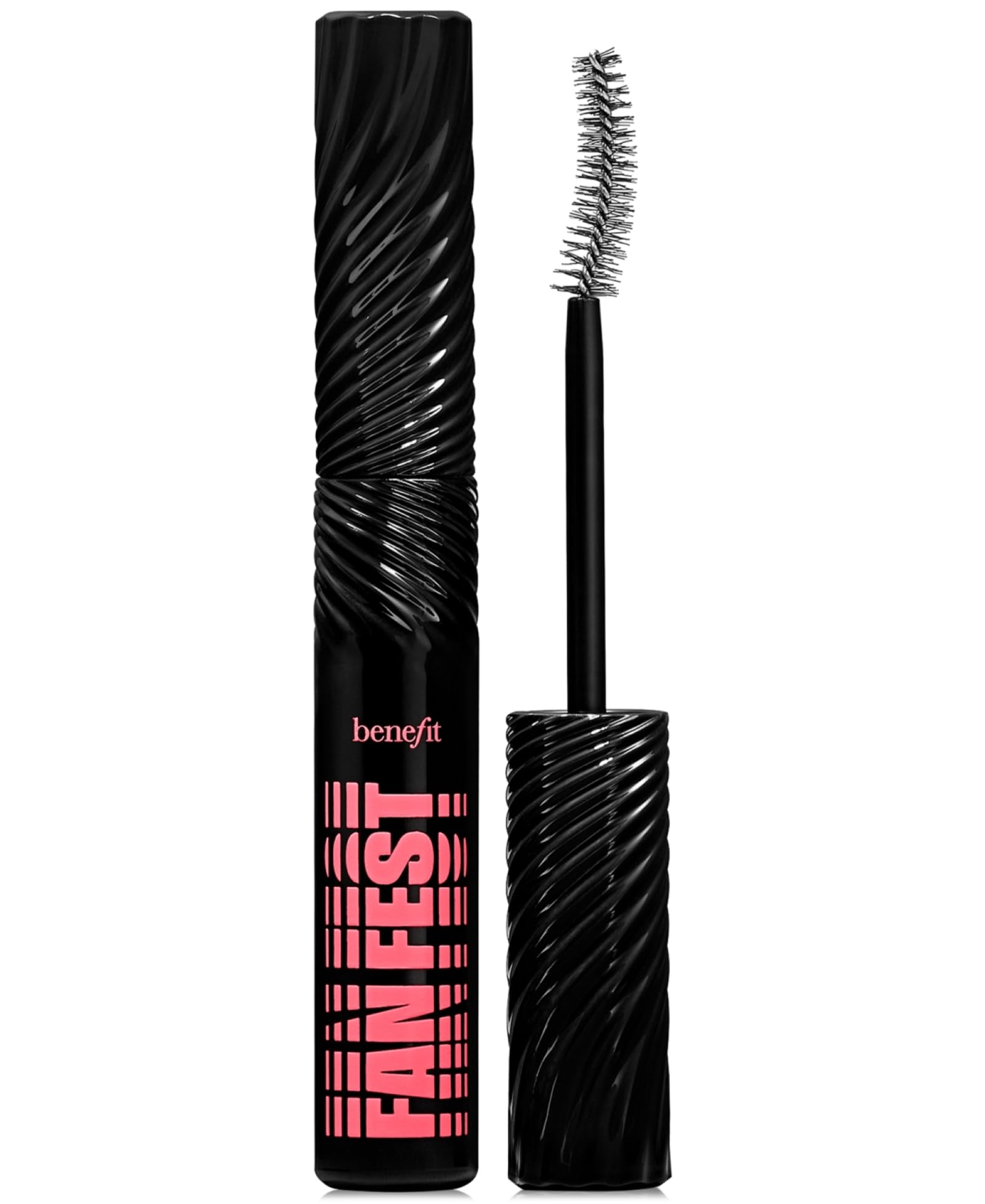 Benefit mascara tube front view showing compact size and travel-friendly benefit