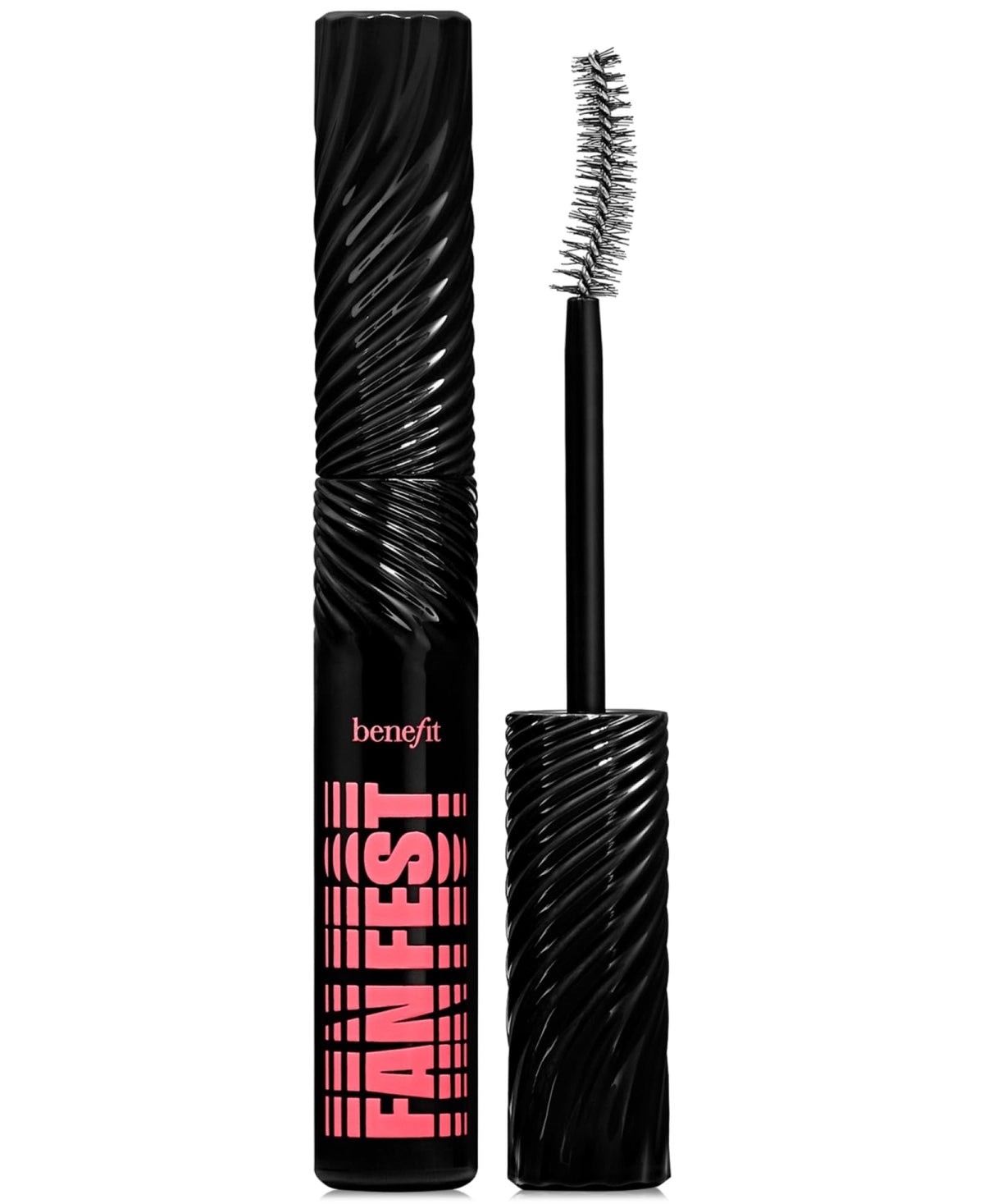 Benefit mascara tube front view showing compact size and travel-friendly benefit