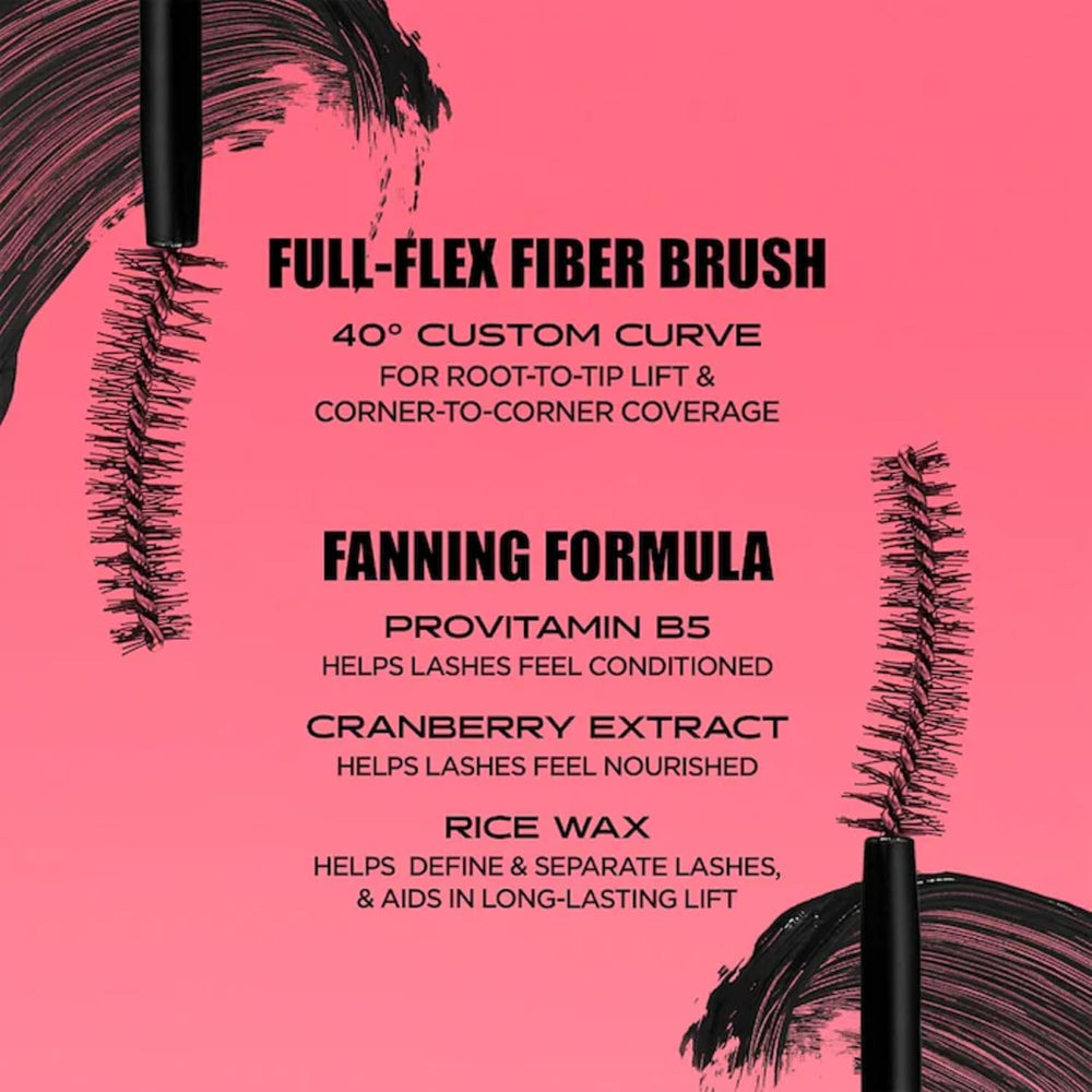 Benefit mini fan fest on lashes demonstrating lifted, fanned and separated lash effect