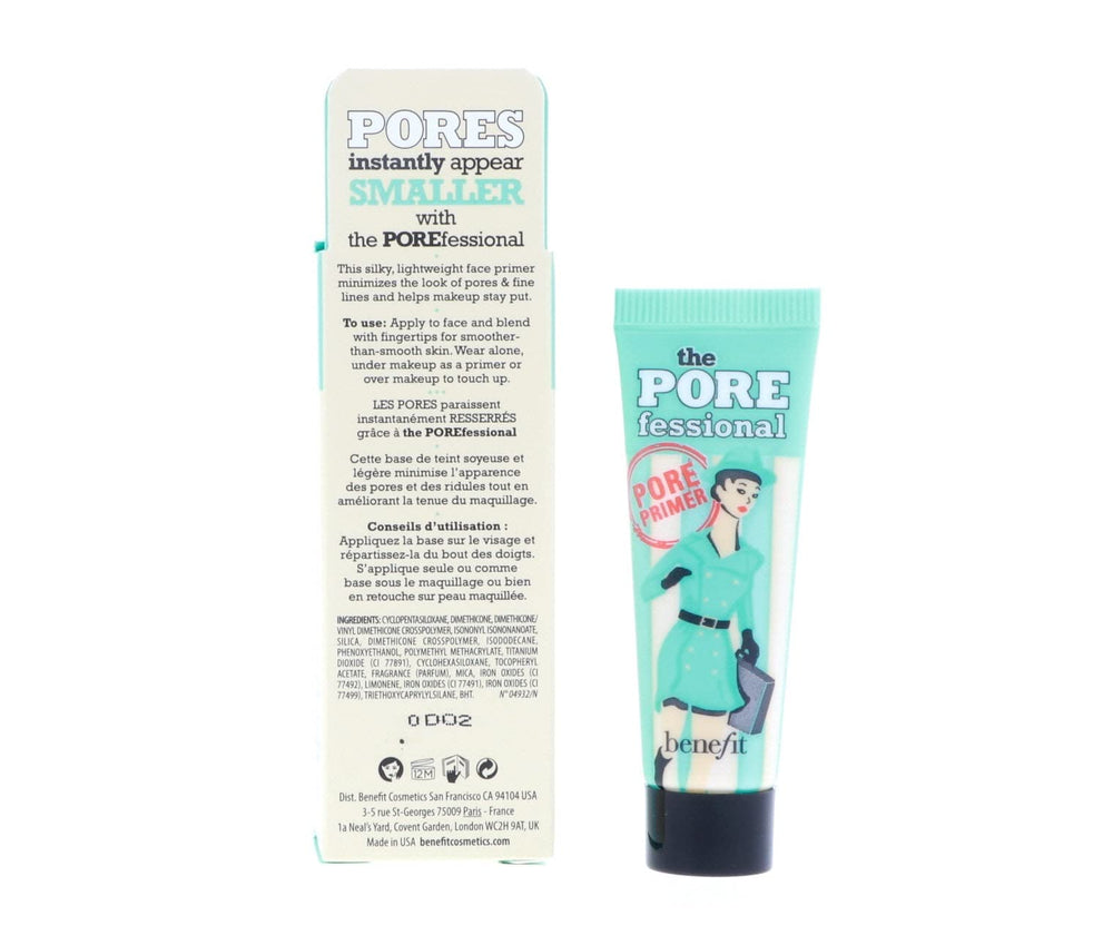 Benefit POREfessional before-and-after face crop showing reduced visible pores benefit