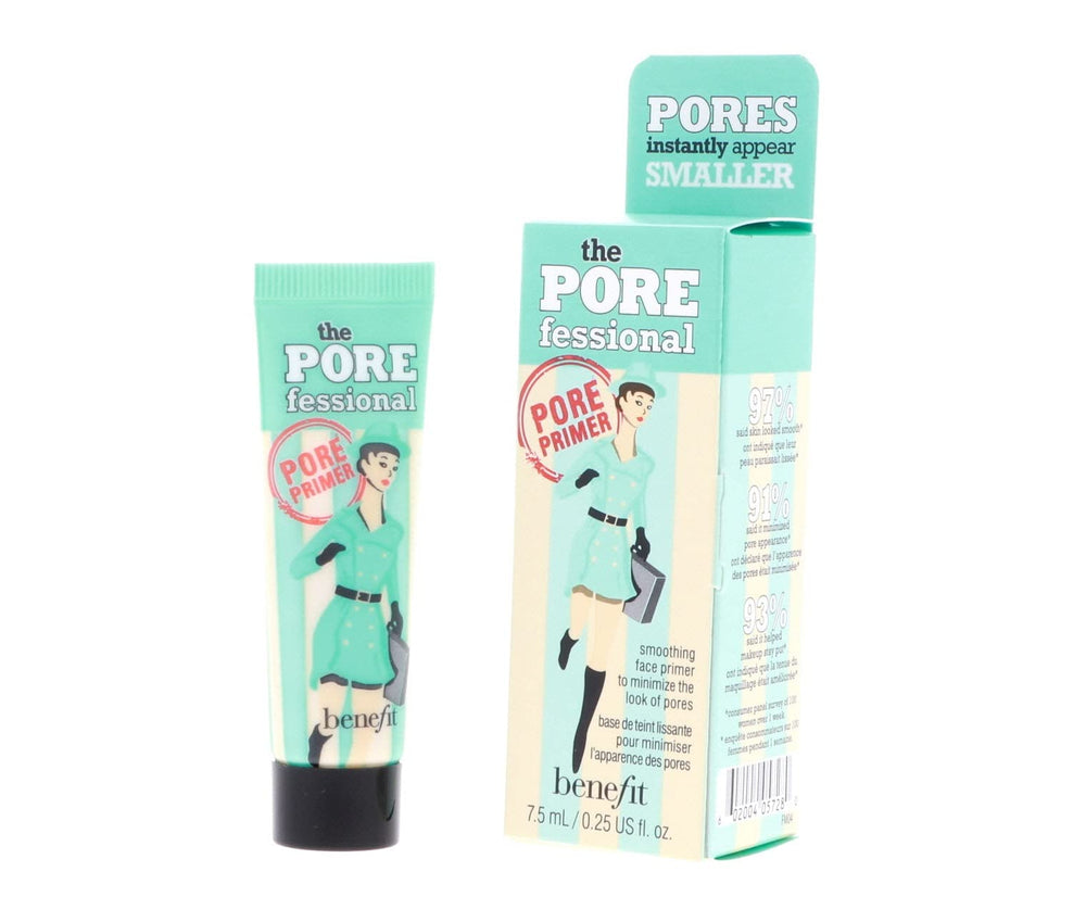 Benefit POREfessional label close-up listing oil-free formula and ingredient clarity benefit