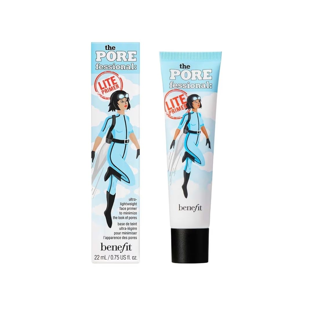Benefit The POREfessional Lite front packaging showing compact travel-friendly bottle and label, fast priming