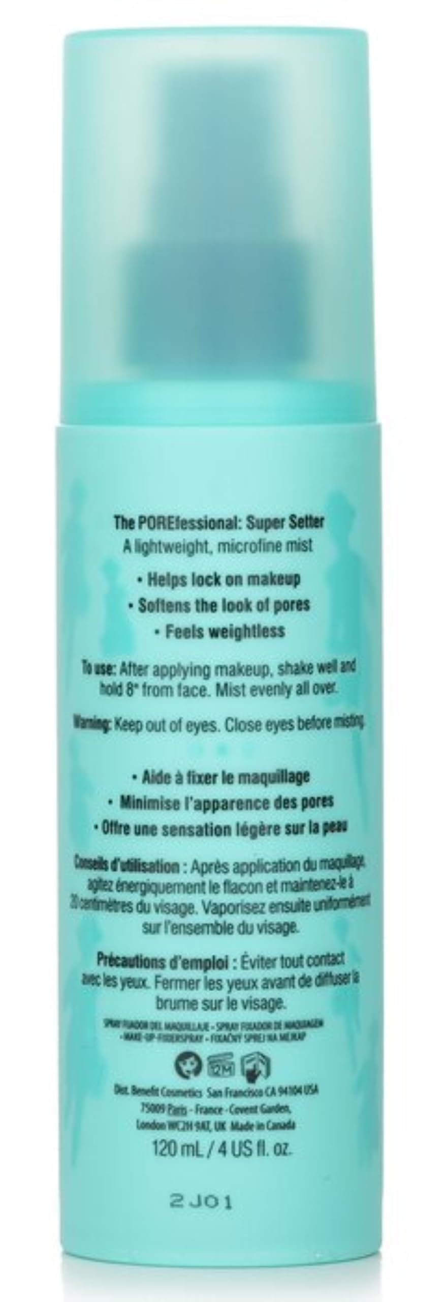 Benefit The POREfessional Super Setter packaging highlights alcohol-free formula for gentle wear.