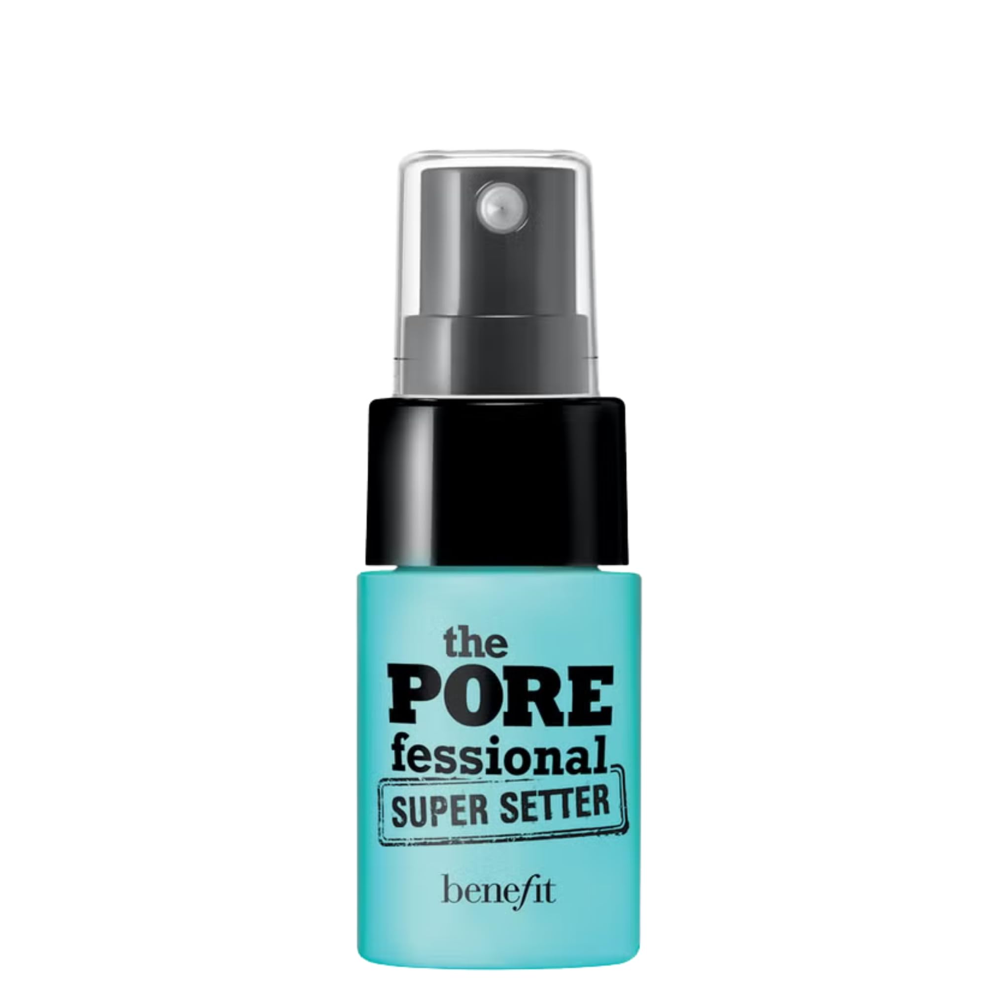 Benefit travel-size bottle front view showing compact, long-lasting setting spray
