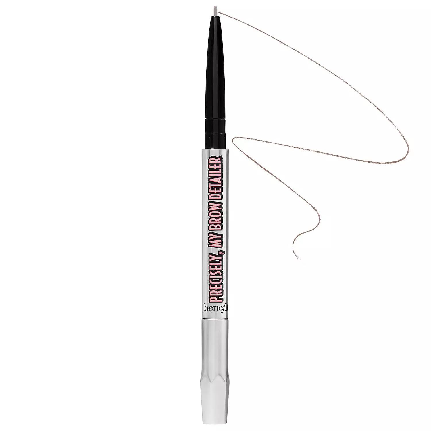 Benefit Precisely My Brow Detailer tip closeup shows ultra-fine 0.8 mm tip for precise, natural brows.