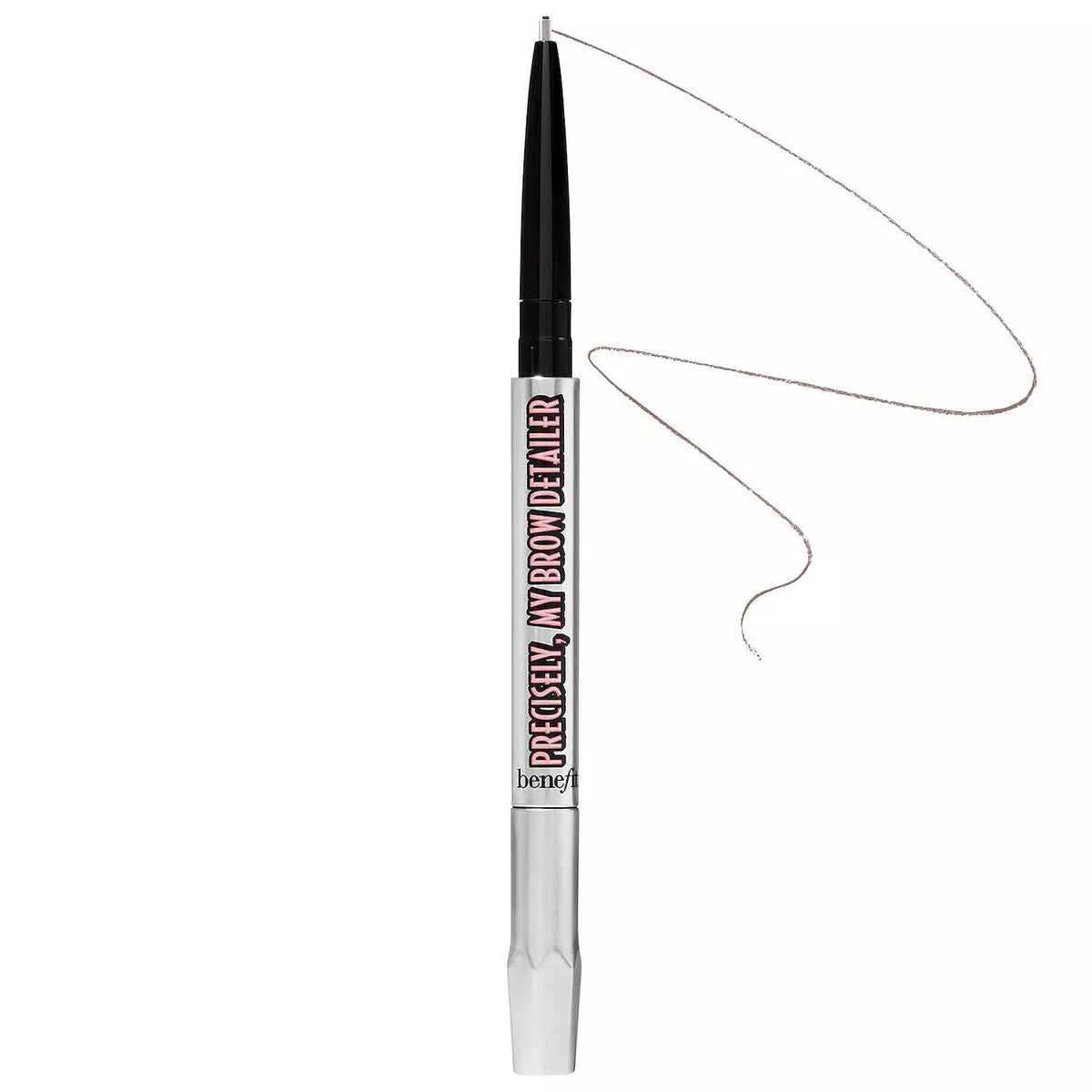 Benefit Precisely My Brow Detailer tip closeup shows ultra-fine 0.8 mm tip for precise, natural brows.