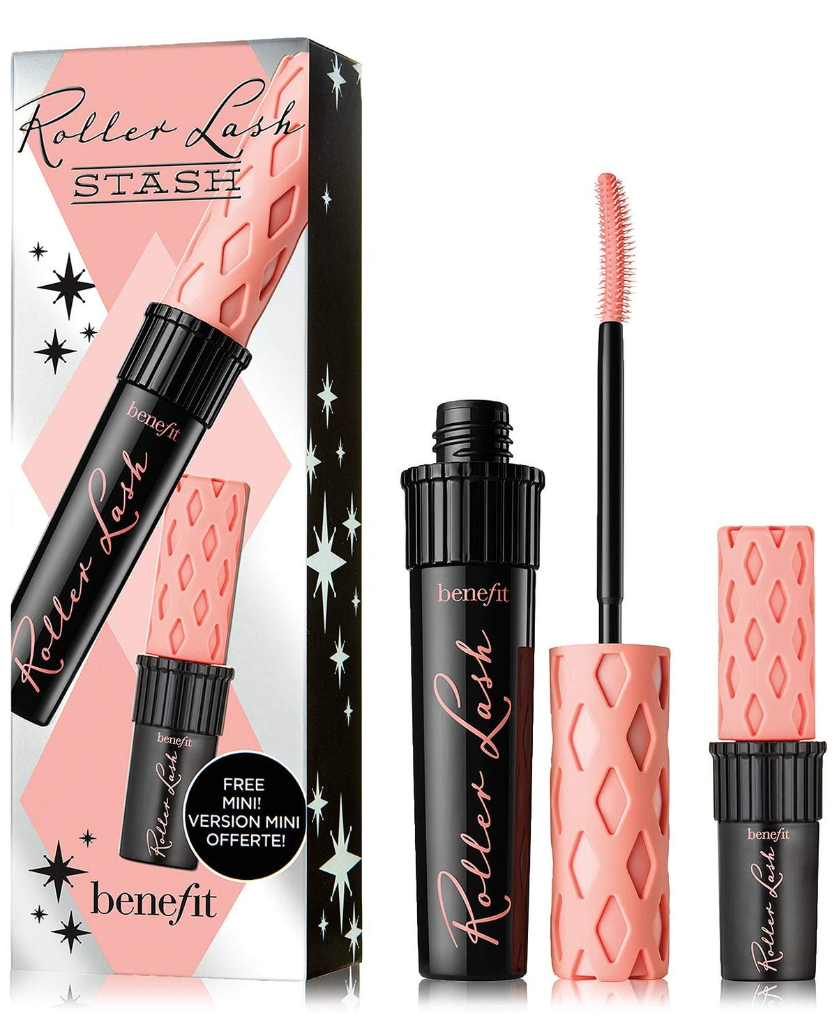 Benefit Roller Lash full-size mascara bottle shows curling lift for all-day definition.