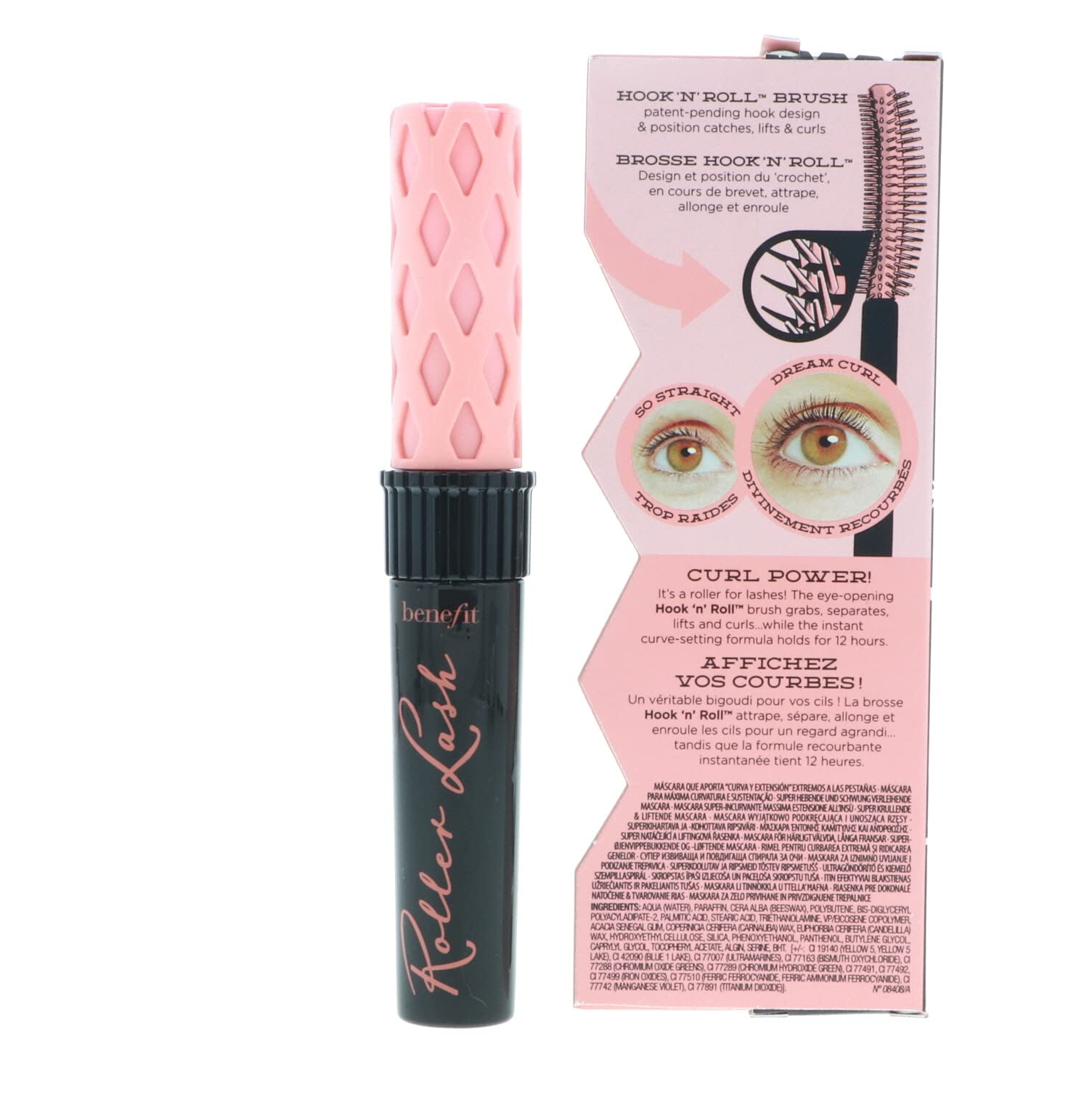 Benefit Roller Lash lift-definition image emphasizes long-lasting lift without stiffness.
