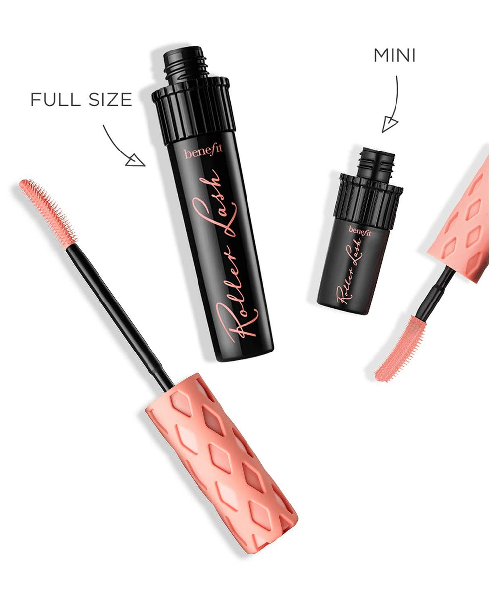 Benefit Roller Lash mini mascara travel size fits purse for quick curl touch-ups.