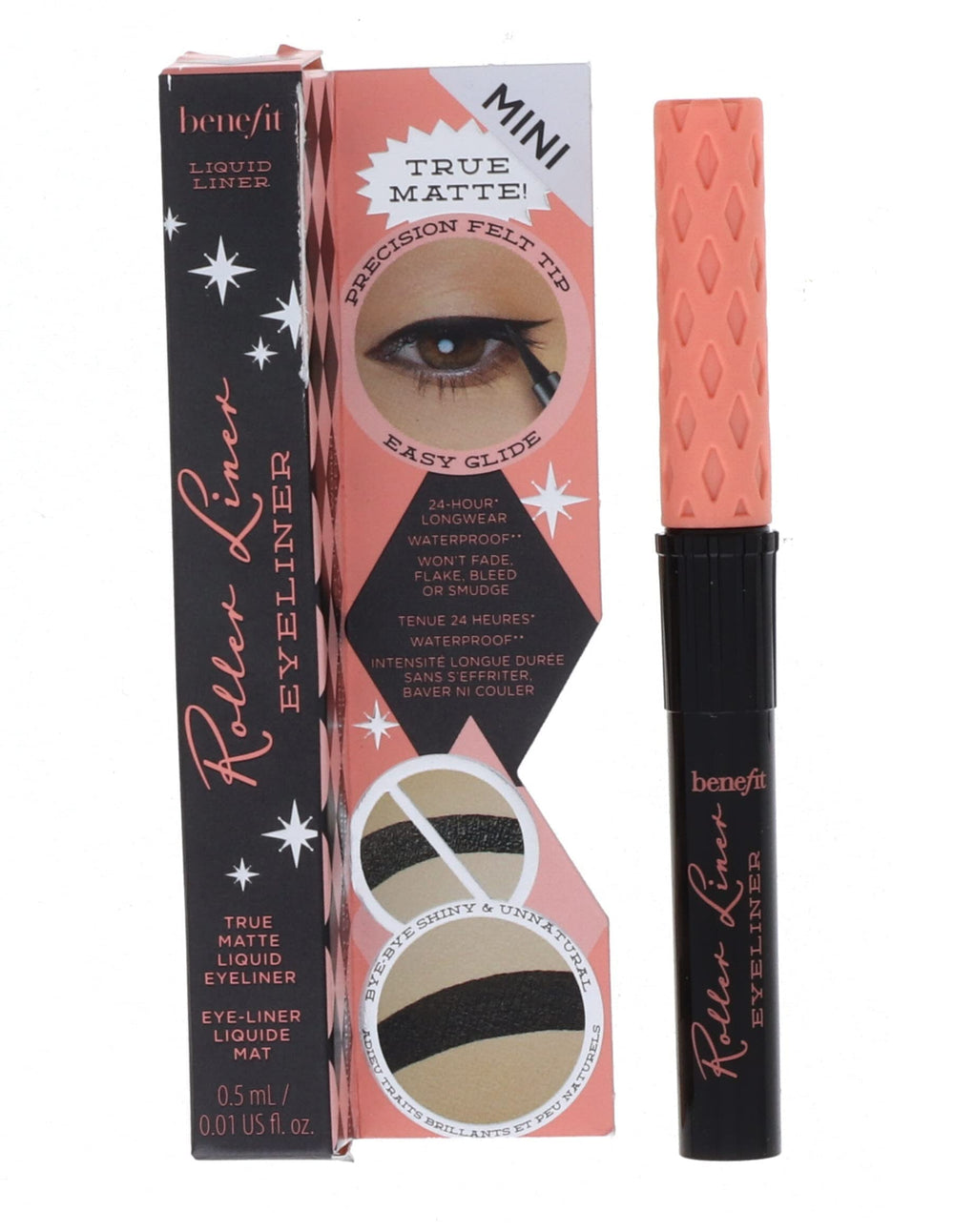 Benefit Roller Liner size comparison with quarter illustrating portable, purse-friendly size