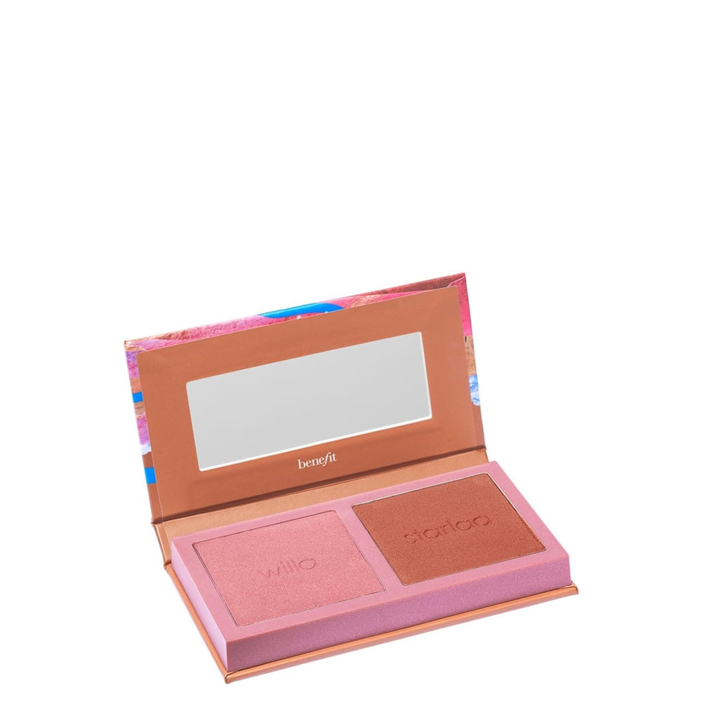 Benefit front view of mini blush duo palette showing two pans and compact case for travel