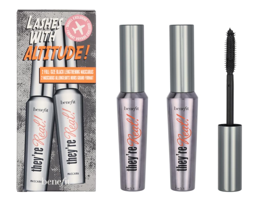 Benefit front packaging showing duo travel tubes and bold black finish benefit