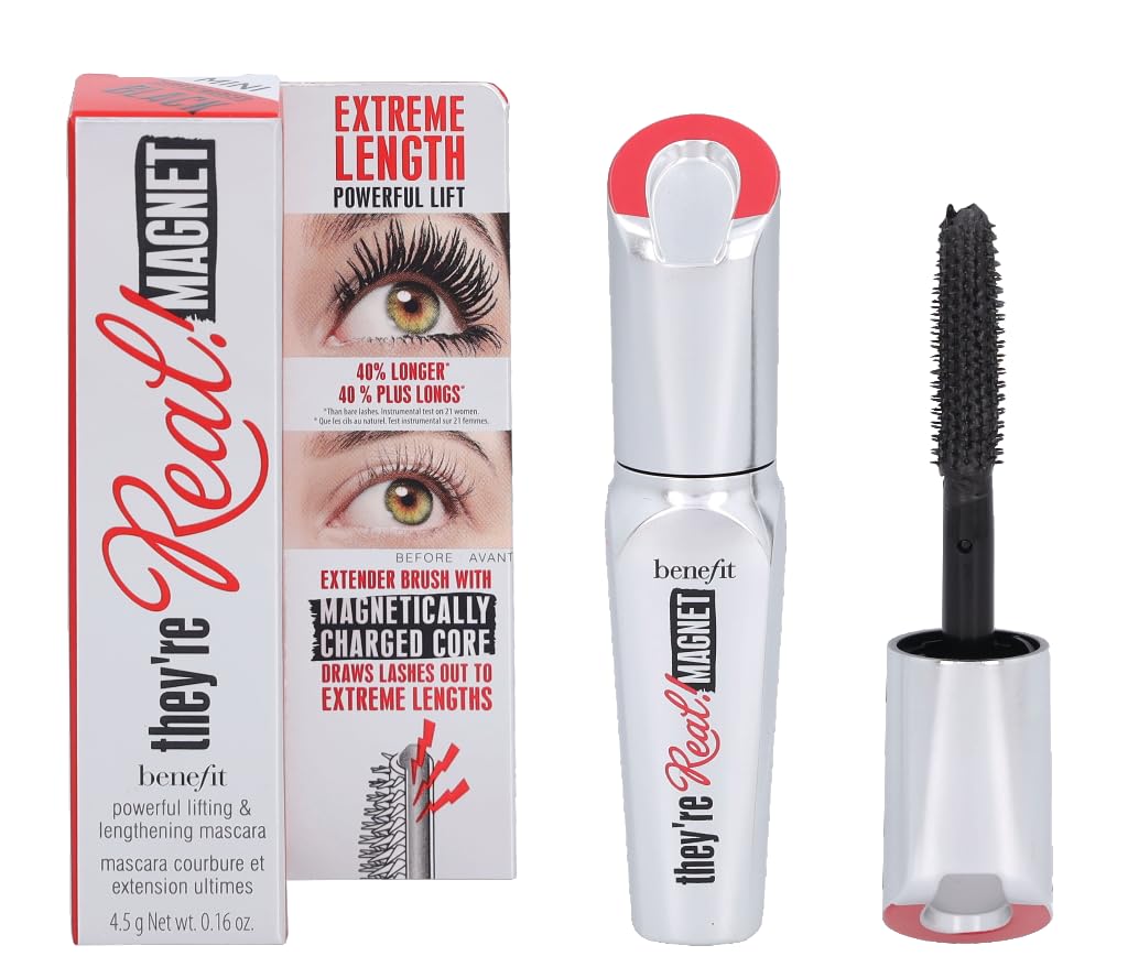 Benefit they're real magnet front packaging showing mini tube for travel convenience