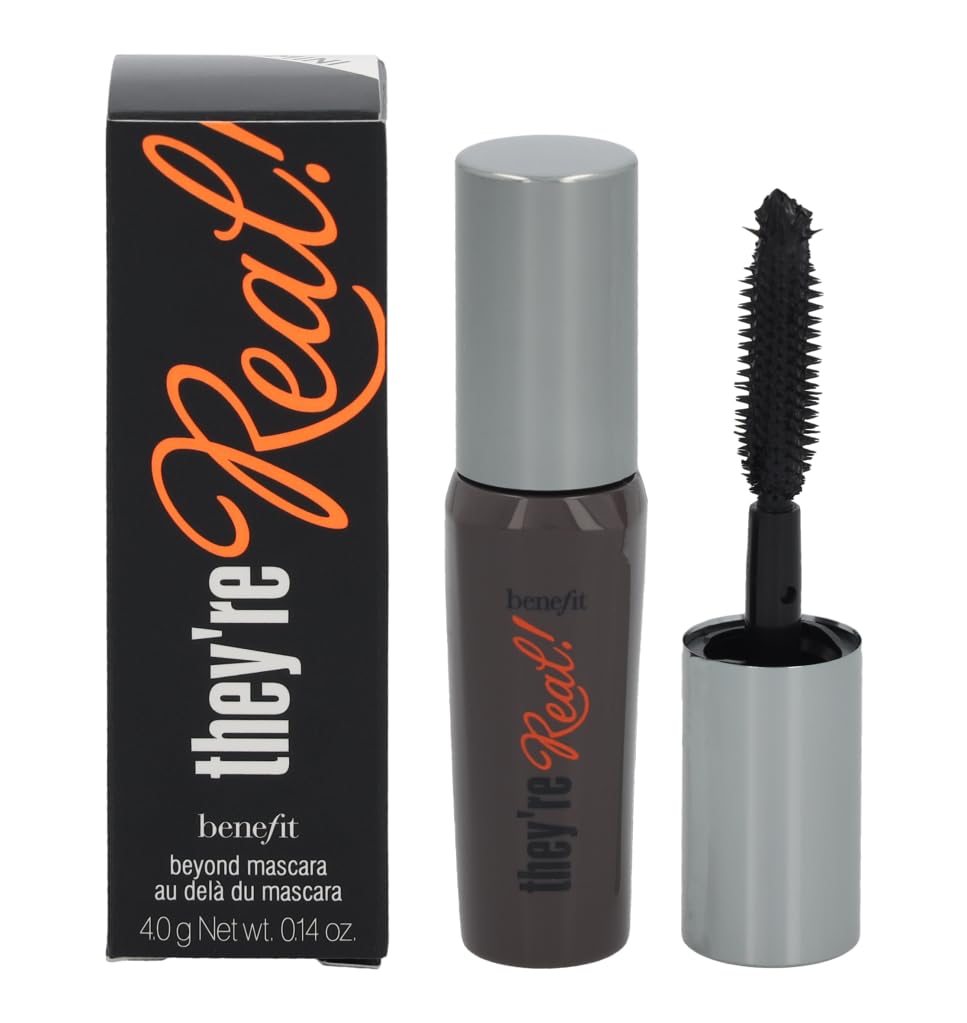 Benefit they're real mini front packaging showing compact travel tube and bold branding benefit convenience