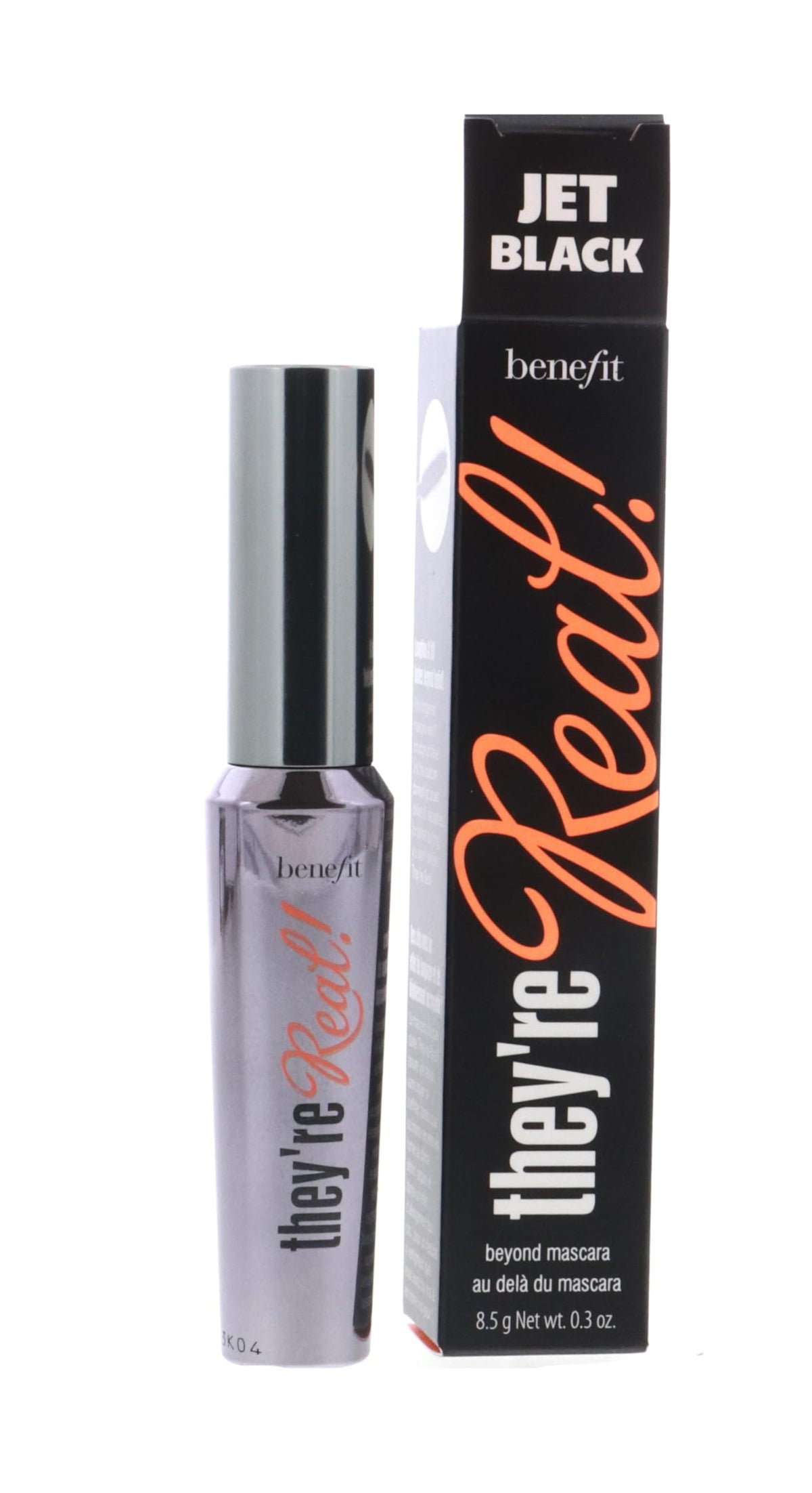 Benefit They're Real mascara tube closeup, showcasing sleek packaging for easy application.
