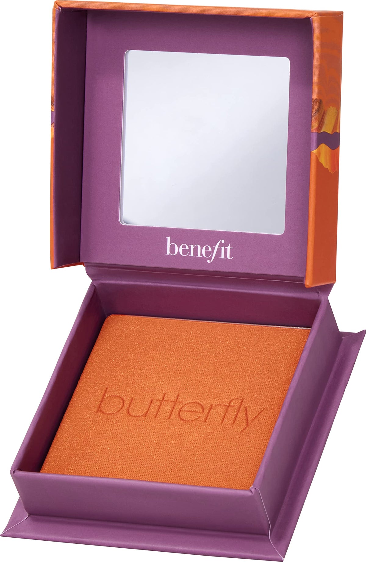 Benefit front compact view showing butterfly embossed powder and travel-ready design