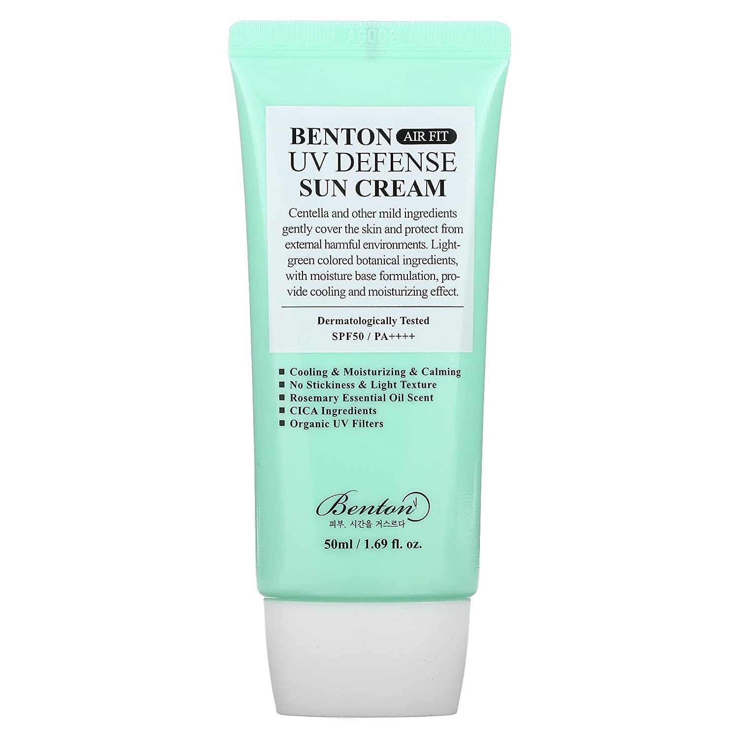 Benton Air Fit UV Defense Sun Cream tube close-up showing feather-light texture and SPF protection.