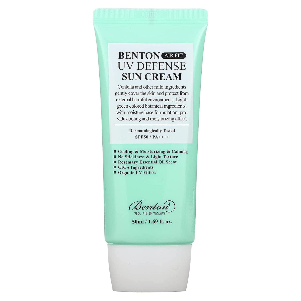 Benton Air Fit UV Defense Sun Cream tube close-up showing feather-light texture and SPF protection.