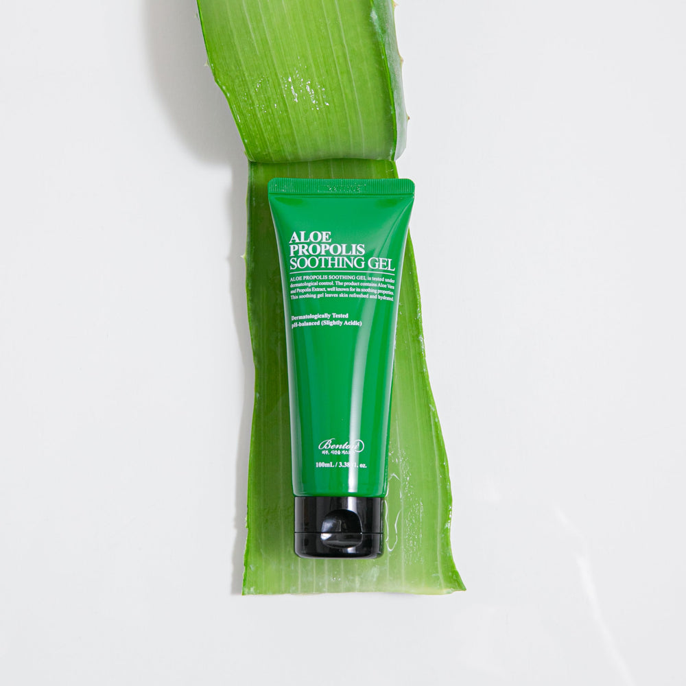 BENTON Aloe Propolis Soothing Gel bottle with label emphasizes alcohol-free, gentle care.