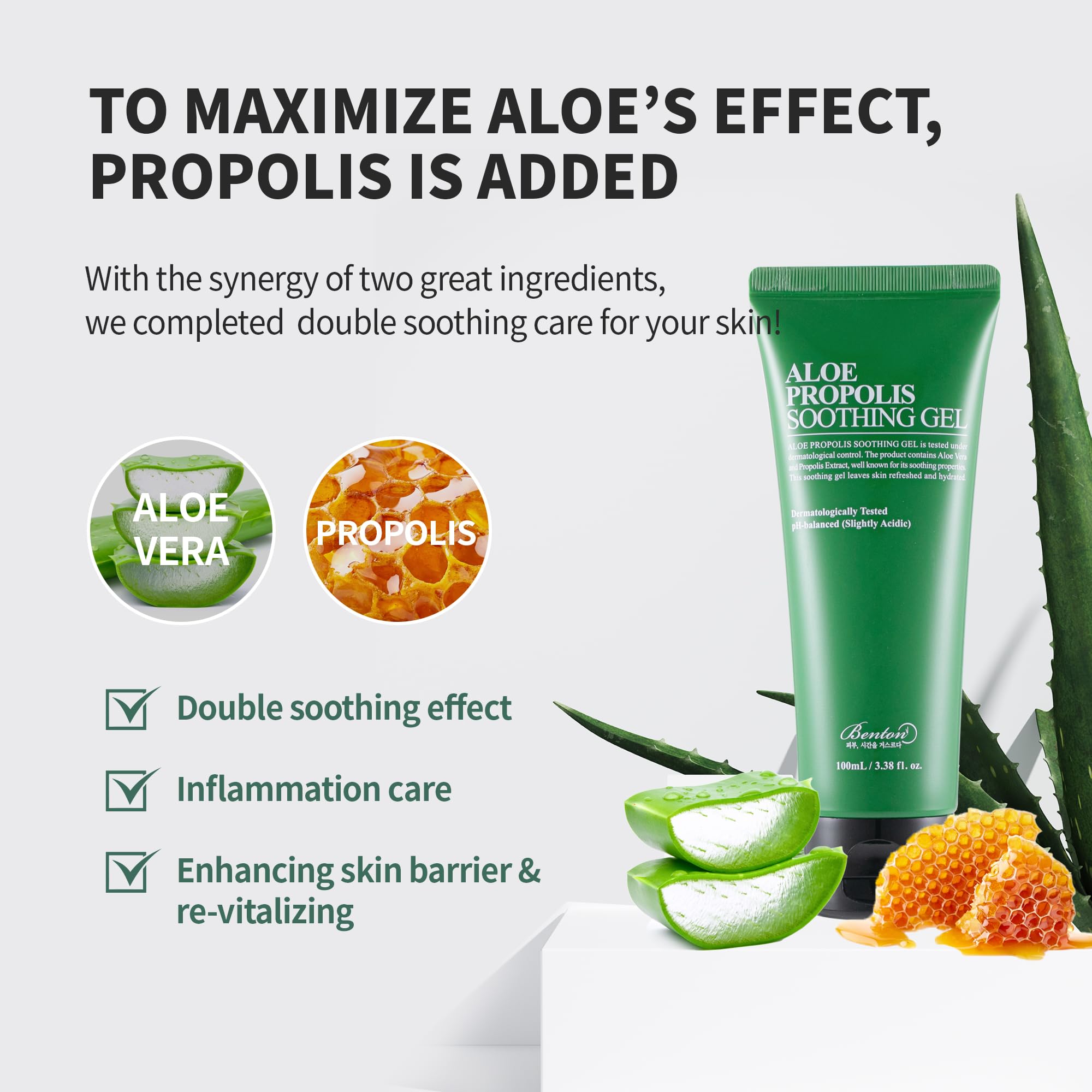 BENTON Aloe Propolis Soothing Gel ingredients panel highlights Aloe and Grapefruit extracts.