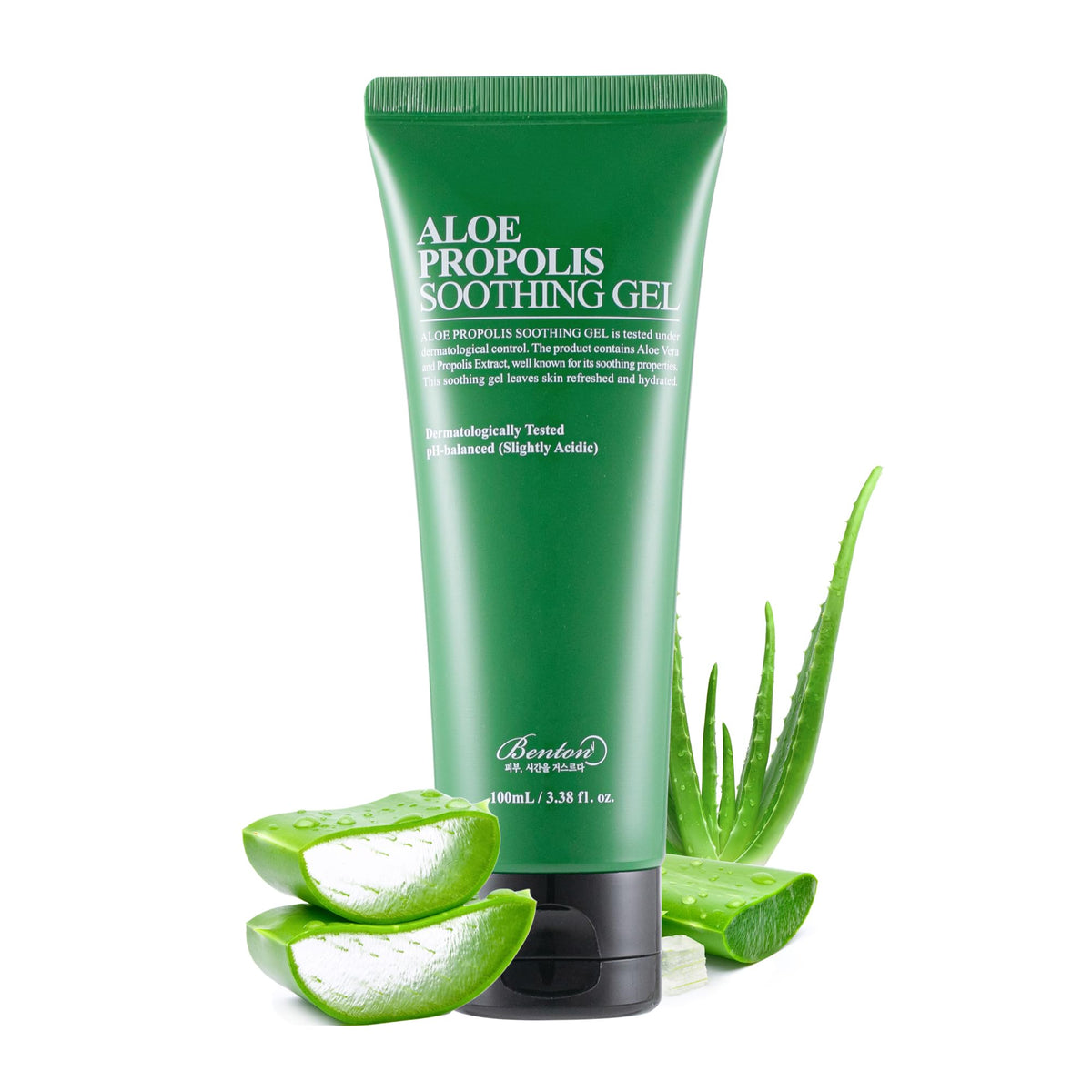 BENTON Aloe Propolis Soothing Gel packaging shows vegan formula for soothing irritated skin.