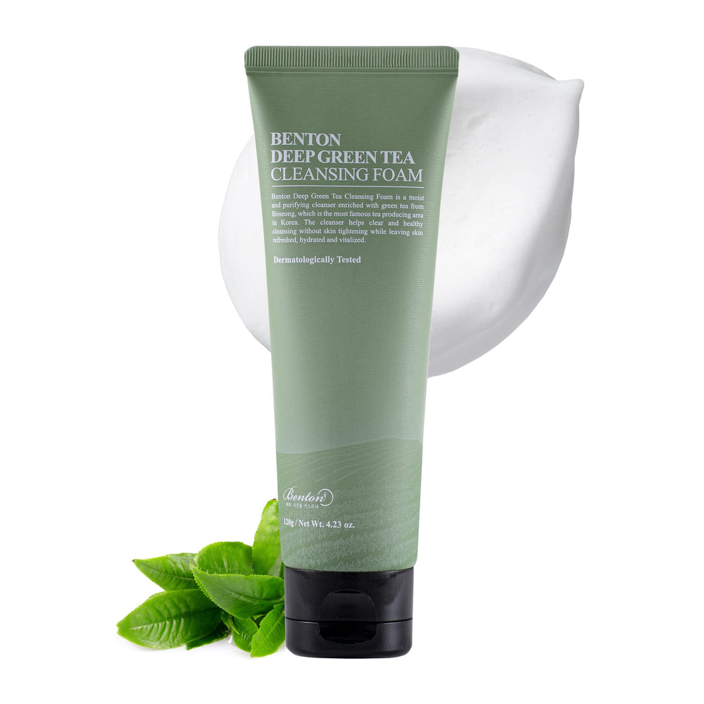 BENTON Deep Green Tea Face Wash bottle pour highlights gentle hydrating cleanse