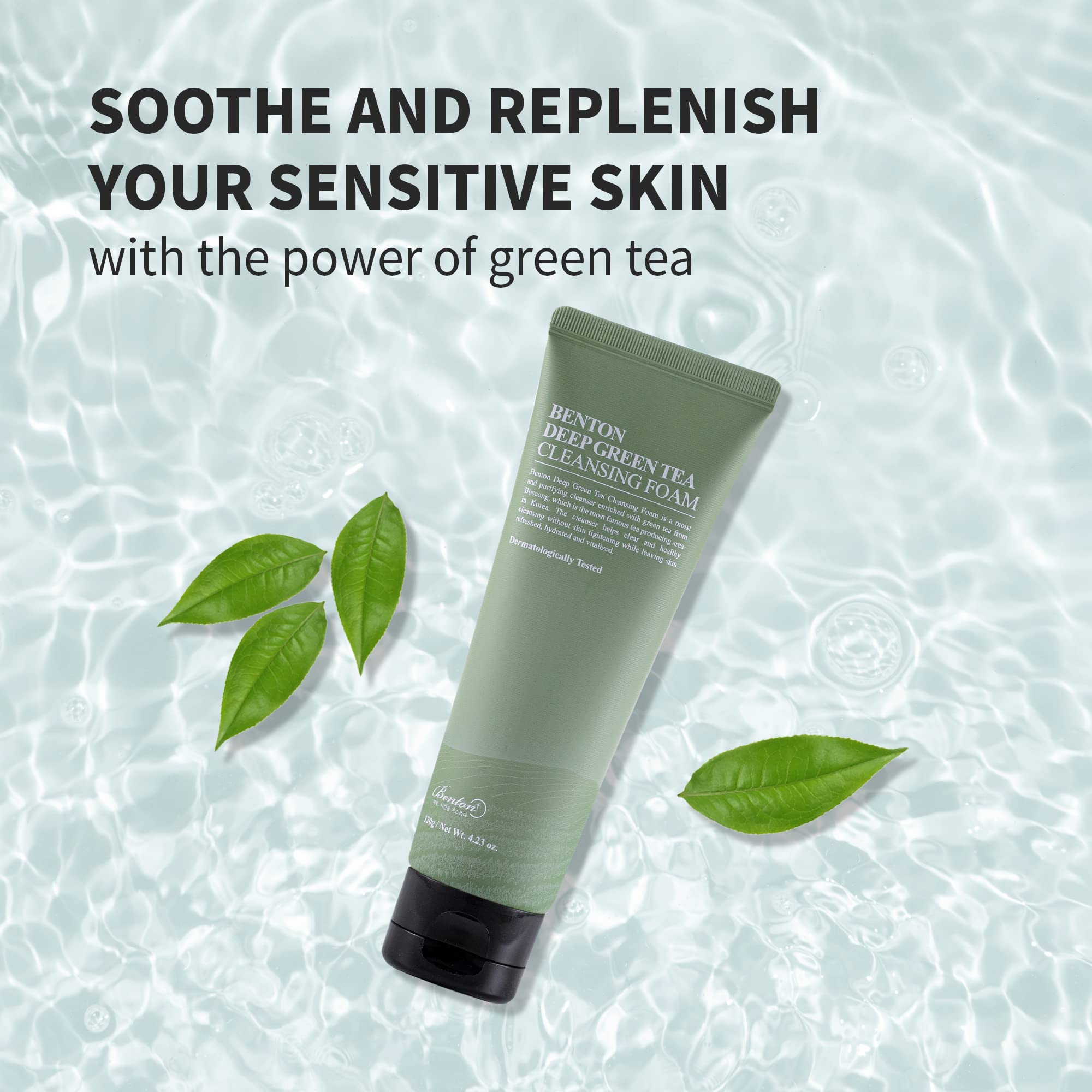 BENTON Deep Green Tea Face Wash lather closeup shows rich foam for gentle cleansing